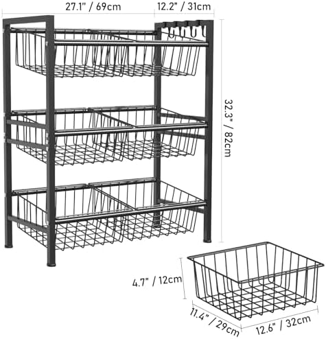 Hastatii Kitchen Storage Basket Shelf, Snack Shelf, Vegetable Shelf, 3 Tier, Black - Image 3