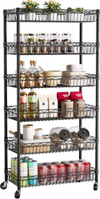 Golpart Basket Shelves Closet Rack with Wheels Metal Pantry Wire Shelf Unit by Golpart