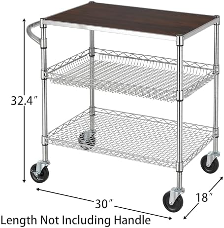 Finnhomy 3 Tier Heavy Duty Commercial Grade Utility Cart with Wood Top, Wire Rolling Cart with Wheels and Handle Bar, Kitchen Carts on Wheels, Metal Cart with 600 LBS Capacity, Chrome - Image 4