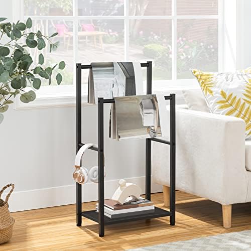 HOOBRO Free Standing Towel Rack for Bathroom, 16.5" L x 9.4" W x 31.5" H, 2 Tier Blanket Rack, Blanket Holder, Drying and Display Rack with Shelf, Black BB02LB01 - Image 2