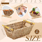 Marsui 12 Pcs Small Hand Woven Wicker Baskets with Wooden Handles, Seagrass Rattan Storage Baskets Bin Organizer Shelf Pantry for Bathroom Storage Towel Kitchen Washroom Gifts Decor, 9" x 6" x 4" - Image 3