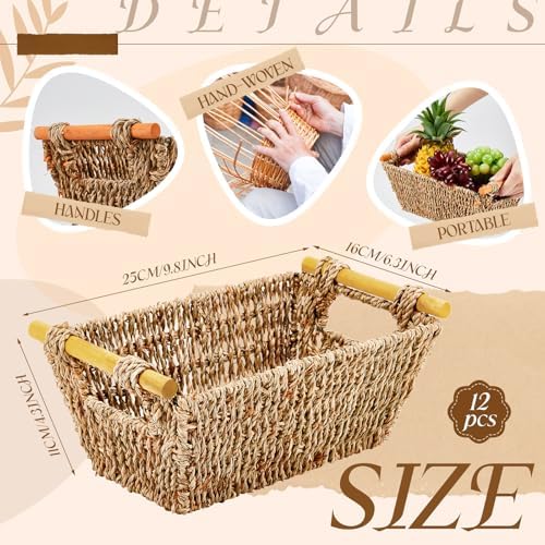 Marsui 12 Pcs Small Hand Woven Wicker Baskets with Wooden Handles, Seagrass Rattan Storage Baskets Bin Organizer Shelf Pantry for Bathroom Storage Towel Kitchen Washroom Gifts Decor, 9" x 6" x 4" - Image 3