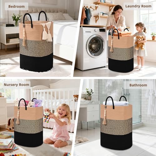 Woven Laundry Basket for Clothes, 80 L Large Rectangle Laundry Hampers with Beads Tassel, Nursery Storage Basket for Toys, Tall Dirty Clothes Hamper for Bedroom Aesthetic, Laundry Room Organization - Image 5