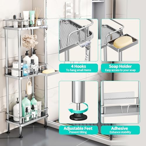 HapiRm Standing Corner Shower Caddy - 3 Tier Corner Shower Organizer with Soap Holder, Rustproof Stainless Steel Bathroom Shelf with 4 Hooks, Silver - Image 2
