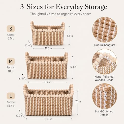 Boho Wicker Storage Baskets for Shelves: Set of 3 Woven Decorative Storage Bins with Handles, Stackable Seagrass Shelf Baskets for Organizing, Wicker Basket for Bathroom, Bedroom, Closet, Pantry - Image 6