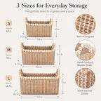 Boho Wicker Storage Baskets for Shelves: Set of 3 Woven Decorative Storage Bins with Handles, Stackable Seagrass Shelf Baskets for Organizing, Wicker Basket for Bathroom, Bedroom, Closet, Pantry - Image 6