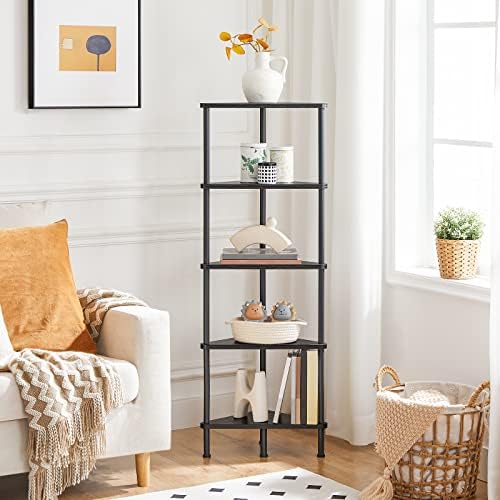 HOOBRO Corner Shelf Stand, Industrial 5-Tier Wall Corner Bookshelf with Metal Frame, Plant Display Shelf, Bookcase for Small Spaces, Bedroom, Living Room, Black BK33CJ01 - Image 2