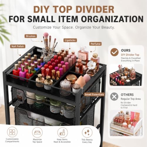 JKsmart Rolling Makeup Cart Organizer with 3 Drawers, Cosmetics Display with Dividers, Floor Skincare Storage with Wheels, Versatile Vanity Organizer for Nail Polish Perfume Brush Hair Tool, Black - Image 5