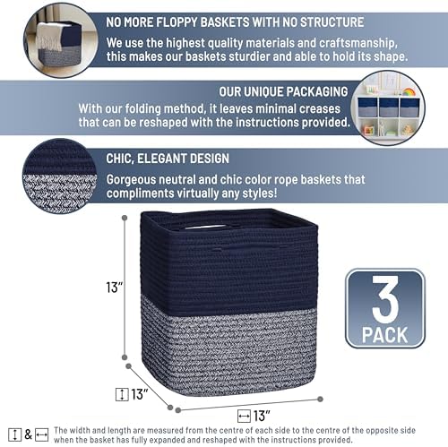 NaturalCozy 13 Inch Cube Storage Bins Cotton Rope Woven Baskets for Organizing 3-Pack | 13 x 13 Storage Cubes | Fabric Square Storage Baskets for Shelves Organizer, Kids Toy Bins, Closet Baby Nursery - Image 2