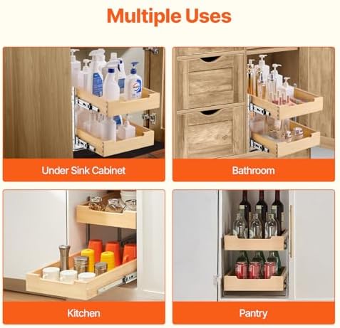 VEVOR 2 Tier Pull Out Cabinet Organizer, 14" W x 21" D Cabinet Drawer, Soft Close Slide out Shelf, Heavy-Duty Sliding Wood Drawer, Adjustable Base Cabinet Organization for Kitchen Pantry Bathroom - Image 6