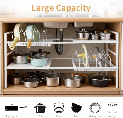 Pots and Pans Organizer Under Cabinet, Expandable Pots Organizers Inside Cabinet, Adjustable Height Under Sink Shelf 2 Tier with 10 Dividers Under Cabinet Shelf, Pot and Pan Lid Holder Rack (White) - Image 6