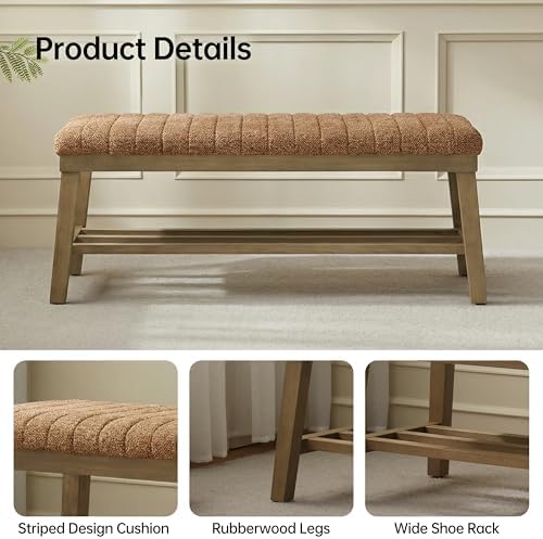 VKNOW Entryway Bench, Storage Shoe Bench with Rubberwood Legs, Orange - Image 4