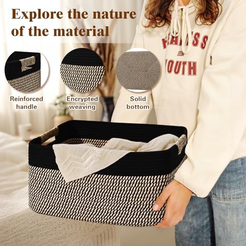 2 Pack Large Storage Basket for Organizing, 17.5"x13"x7" Woven Basket for Shelves, Closet Cube Storage Bins with Wrapped Handle, Cotton Rope Baskets for Kitchen, Clothes, Toys(Black & Brown) - Image 3