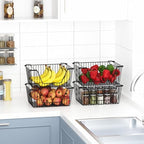Stackable Wire Metal Baskets Sturdy Cabinet Organizer Wire Pantry Freezer Bin with Handle for Home Bathroom Kitchen Fruit Vegetable Organization, Black, 2Packs - Image 5