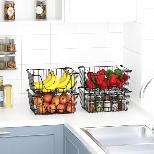 Stackable Wire Metal Baskets Sturdy Cabinet Organizer Wire Pantry Freezer Bin with Handle for Home Bathroom Kitchen Fruit Vegetable Organization, Black, 2Packs - Image 5