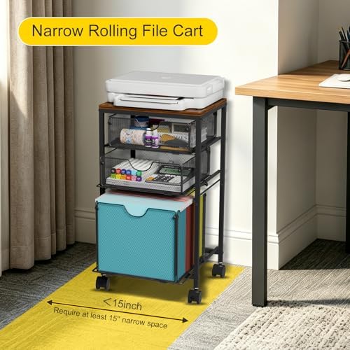 BOHDK Rolling File Cart with 3 Storage Drawers, Wood & Mesh Hanging File Folder Organizer with Wheels Under Desk, File Cabinets for Home Office, 11.81" D x 14.8" W x 25.39" H, Black - Image 5