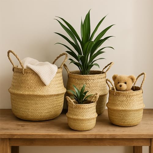 Seagrass Plant Basket Set of 3 with Handles – Handwoven Woven Basket Planter, Indoor Plant Basket & Plant Holder Basket, Natural Fiber Wicker Plant Pot Basket for Boho Farmhouse Home Decor - Image 7