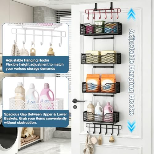 Over The Door Organizer with 4 Adjustable Baskets & Coat Hook, Metal Large Capacity Hanging Door Storage for Bathroom, Bedroom, Kitchen, Pantry & Closet, Black - Image 5