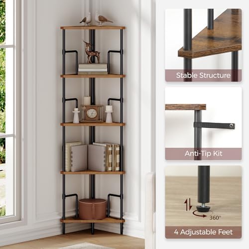 MAHANCRIS 5-Tier Corner Shelf, 52.8" Tall Corner Bookshelf with Metal Frame, Narrow Display Shelf Stand, Industrial Corner Bookcase for Living Room, Bedroom, Home Office, Rustic Brown CSHR5501 - Image 3