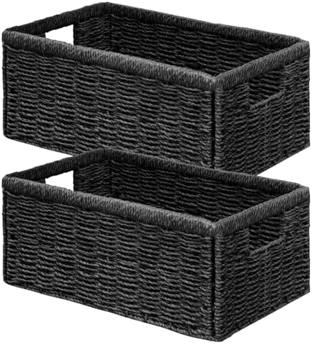 Vagusicc Wicker Storage Basket, Set of 2 Hand Woven Wicker Baskets for Organizing with Handles, Decorative Small Storage Bins for Countertop Toilet Paper Basket for Toilet Tank Top Shelves, Black by Vagusicc