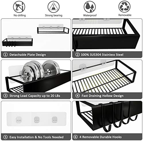Shower Caddy, Adhesive Shower Organizer with Hooks, Shower Shelves for Inside Shower, No Drilling Shower Rack Holder, Shower Storage for Bathroom, Kitchen Spice Rack-2 Pack Black - Image 3
