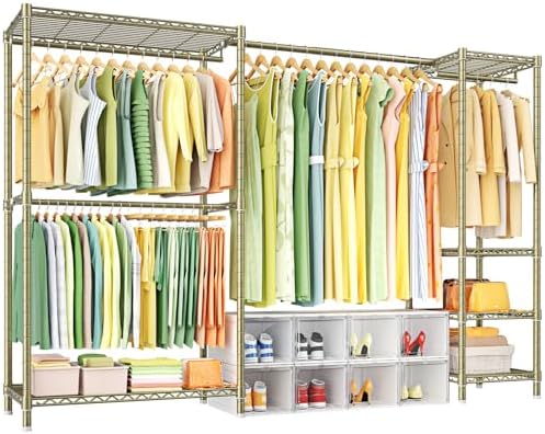 Ulif E10 Clothes Rack（With Stretchable Hanger Rod）Freestanding Clothing Racks for Hanging Clothes，Adjustable Closet Organizer System，Portable Garment Rack 73-97"W x 15" D x 72" H，Max Load 800LBS，Gold by Ulif