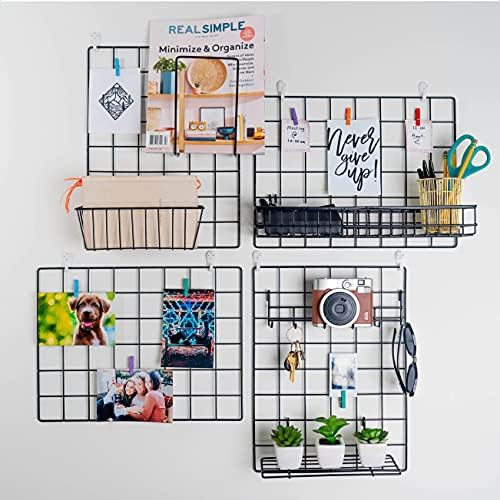 ODOXIA 2 Pack Wire Wall Grid Panel With Accessories | Includes Hanging Basket, Shelf & Hook Rack | Photo Grid Wall Panels | Hanging Home, Office & Kitchen Décor | Metal & Black - Image 5