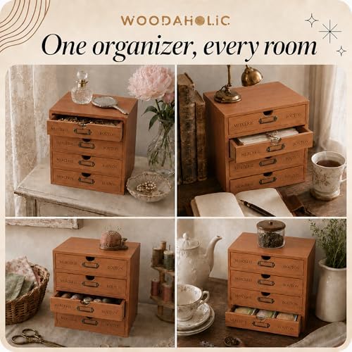 Modular Stackable Apothecary Cabinet 4 Drawer Desk Organizer - Retro Library Card Catalog Wood Storage Box - Organize Stationery, Thread Embroidery, Sewing, Crafts, Junk Drawer & Supplies Countertop - Image 5
