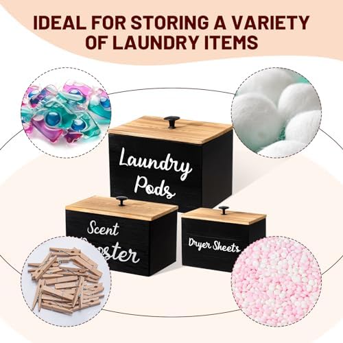 Dandat 3 Pcs Wood Laundry Pods Container Farmhouse Decoration Laundry Room Organization and Storage, Rustic Dryer Sheet Holder Scent Booster Container Set with Scoop(Black) - Image 5
