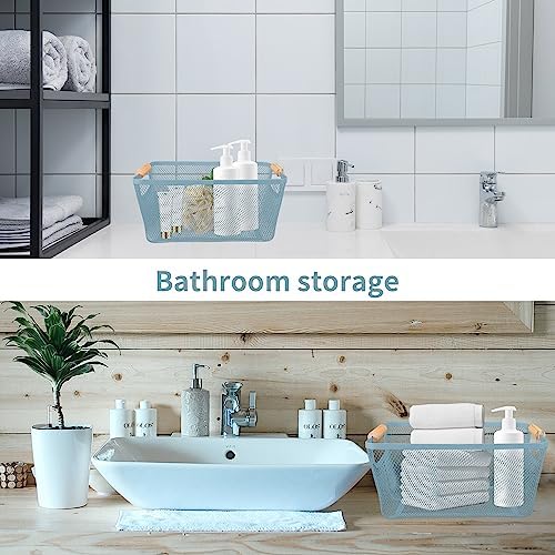 2Pack Metal Mesh Steel Basket with Bamboo Handle - Wire Metal Basket for Kitchen Organization, 12" Wide Food Organizer Bin, Perfect for Organizing Bulk Pantry (BLUE) - Image 5