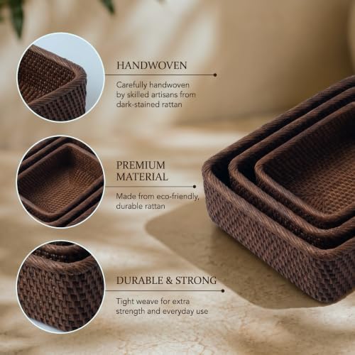 Yangqihome Natural Rattan Storage Baskets, Rectangular Woven Fruit Baskets, Decorative Wicker Basket and Small Baskets for Organizing,Set of 3, (Brown) - Image 5