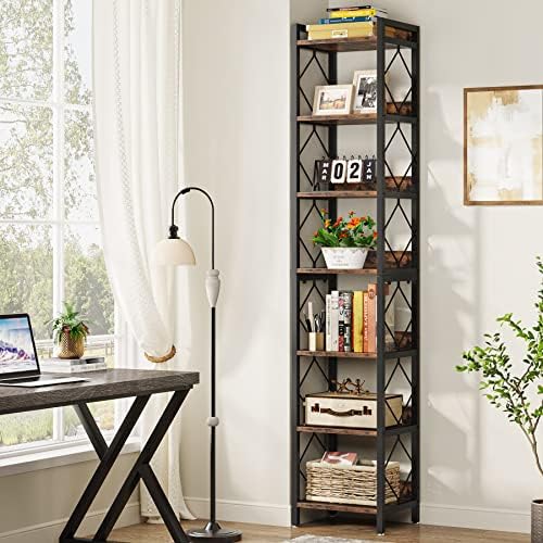 Tribesigns 78.7 Inch Tall Skinny Narrow Bookshelf Bookcase Set of 2, Brown - Image 6