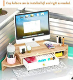 Triangle Monitor Stand Riser,Cut Triangle Save Space Desktop Corner,Desktop corner shelf with drawers wooden computer stand with storage laptop risers office organization. (Have drawers) - Image 3