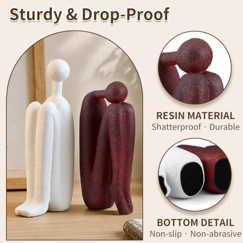Thinker Decorative Bookends, Heavy Duty Resin Book Ends, Non-Slip Book Holder for Shelves, Modern Minimalist Sculpture Book Stopper for Living Room Office Home Decor, Set of 2 (Red White) - Image 4