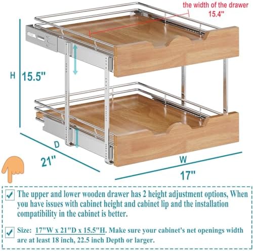 OCG Pull Out Cabinet Organizer 17" W x 21" D, 2 Tier Slide Out Shelf, Heavy-Duty Pull Out Drawer for Cabinets, Base Cabinet Organization for Kitchen, Pantry, Bathroom - Image 2
