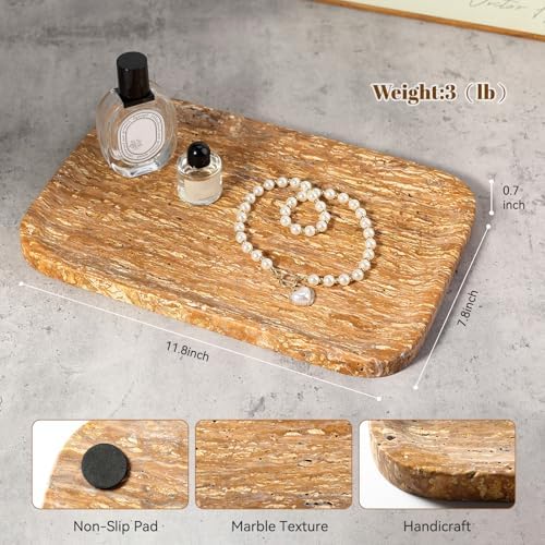 Karibiber Natural Marble Vanity Tray, 11.8" Travertine/Stone Bathroom Tray Countertop, Golden Stone for Perfume Jewelry Holder, Decorative Dresser Organizer, Storage for Kitchen Sink(Walnut Traver) - Image 3