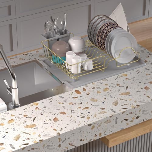Buruis Dish Drying Rack for Kitchen Countertop, Large Capacity Gold Stainless Steel Dish Drainer with Anti-Slip Rubber Feet, Removable Drain Board and Utensil Holder (Gray Tray) - Image 5