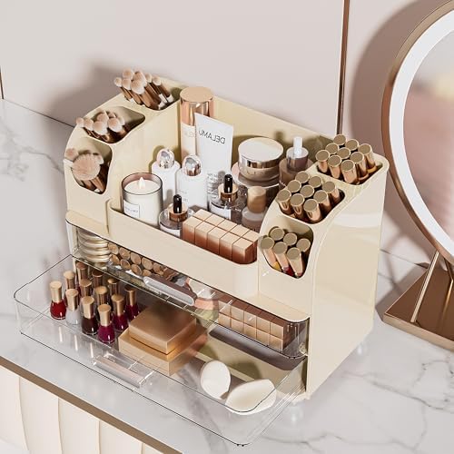 Delamu Large Makeup Organizer Countertop with 6 Brush Holders, Cream White - Image 6