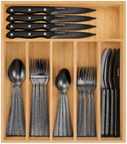 49 Pieces Black Silverware Set with Bamboo Organizer,Wave Hammered by Csoravist