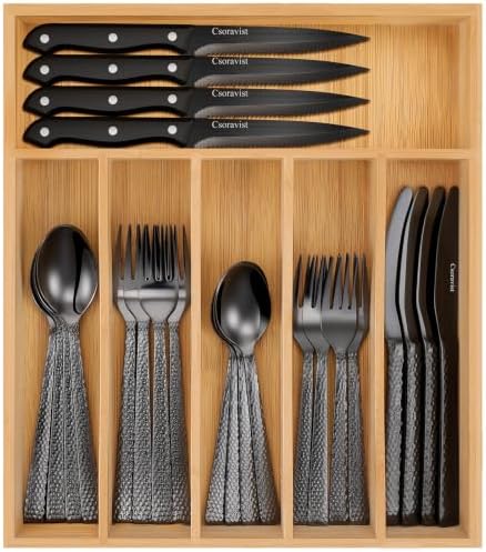 49 Pieces Black Silverware Set with Bamboo Organizer,Wave Hammered by Csoravist