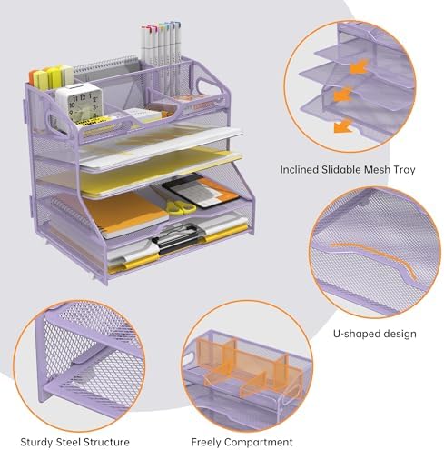 YINGHUA 5-Tier Mesh Desk Organizer, Letter Tray - Purple - Image 5