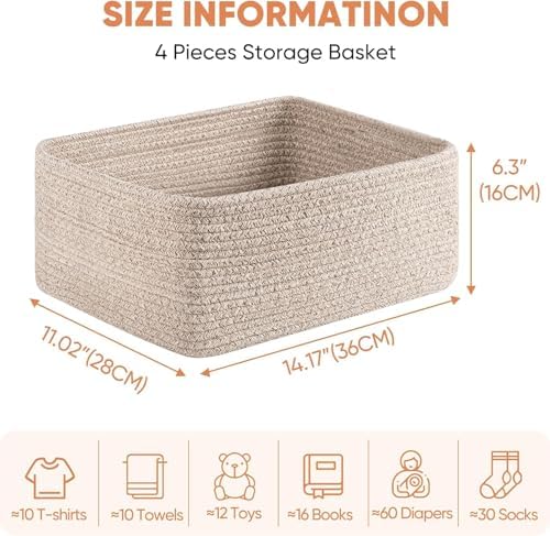 OIASKET 4 Pack Small Storage Shelf Baskets for Organizing, Mini Woven Rope Storage Bins for Towels, Cute Decorative Closet Organizer，Baby Nursery, Gift Empty Baskets -14.17''Lx11.02''Wx6.3''H-White - Image 4