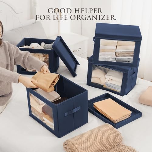 Homsorout Stackable Storage Bins with Lids - Large Storage Box with Lids, Foldable Closet Boxes for Organizing, Wardrobe Clothes Organizer with Window, Cubes Bins for Living Room, 6 Pack, Navy Blue - Image 3