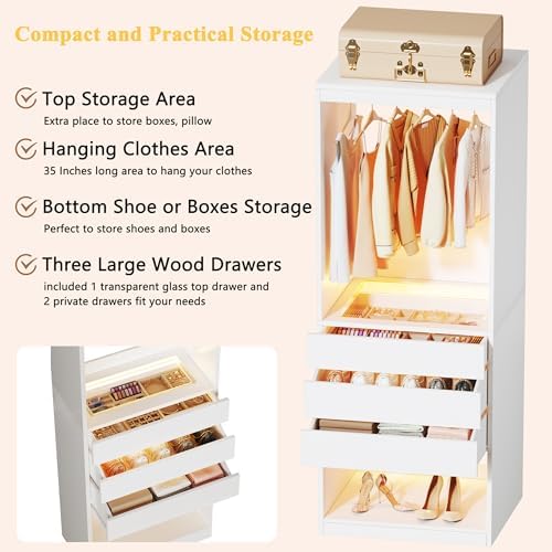 HUAHUU Freestanding 2FT Closet System with 3 Wood Drawers & Glasstop, 24" Closet Organizer System with Hanging Rod & LED Lights, Walk-in Closet Systems for Small Closets, White (24"L x 16" W x 80" H) - Image 2