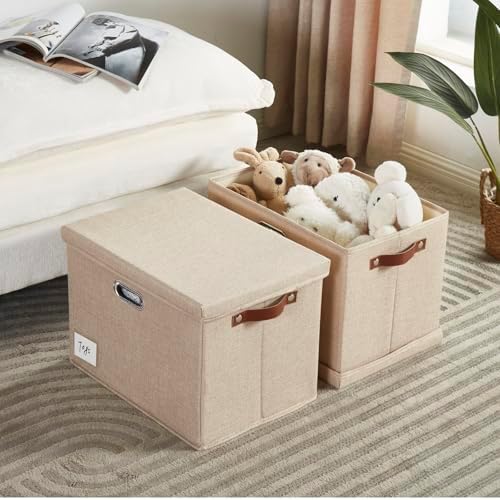 17" Large Fabric Storage Box with Lids, 3-Pack, Khaki - Image 2