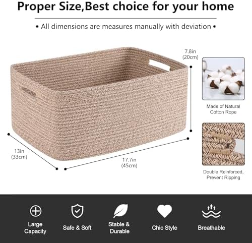 OIASKET Large Storage Basket for Organizing, Woven Rope Basket for Shelves, Closet Organizer Bins for Clothes, Blanket, Toys, Baby Nursery Storage, 17.7" x 13" x 7.87", 2 Packs Brown - Image 2