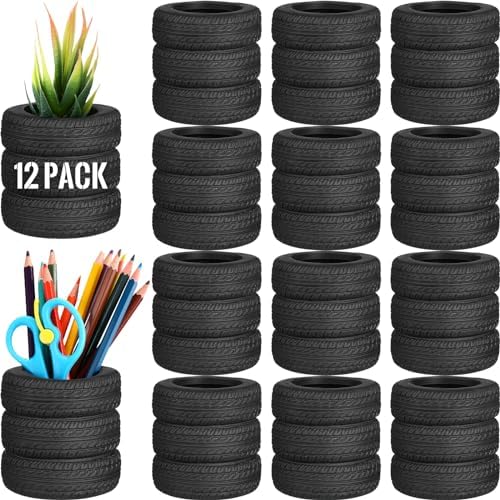 Crtiin 12 Pcs Tire Shaped Pen Holder for Desk, Car Tire Planter Gift, Black by Crtiin