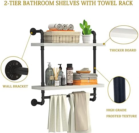 Helsin 24inch Industrial Pipe Shelving Bathroom Shelves Wall Mounted with Towel bar, 2 Tier Rustic Wood Floating Shelf, Metal Towel Rack Wall Shelf for Home & Bathroom (White, 24inch) - Image 7
