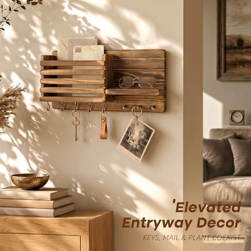 Rebee Vision Key Holder Wall Mount with Mail Slot for Entryway, Retro Brown - Image 4