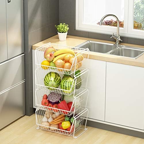PUSDON 4-Tier Large Stackable Wire Storage Baskets with Wheels, Metal Rolling Utility Cart Organizer, Produce Basket for Kitchen Pantry, Floor Shelf, Classic White - Image 2